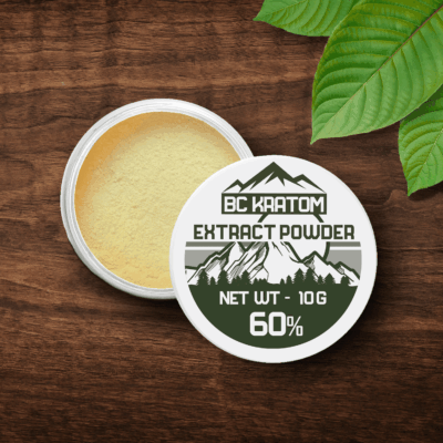 BC Kratom 60% Kratom Extract Powder Open Container on Wood Table