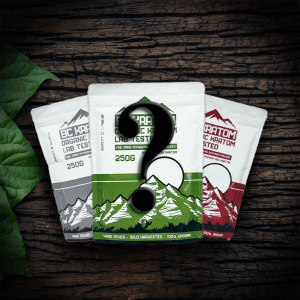 3 kratom bags laid out on a table in a spotlight. There is a large question mark on top of all of the bags
