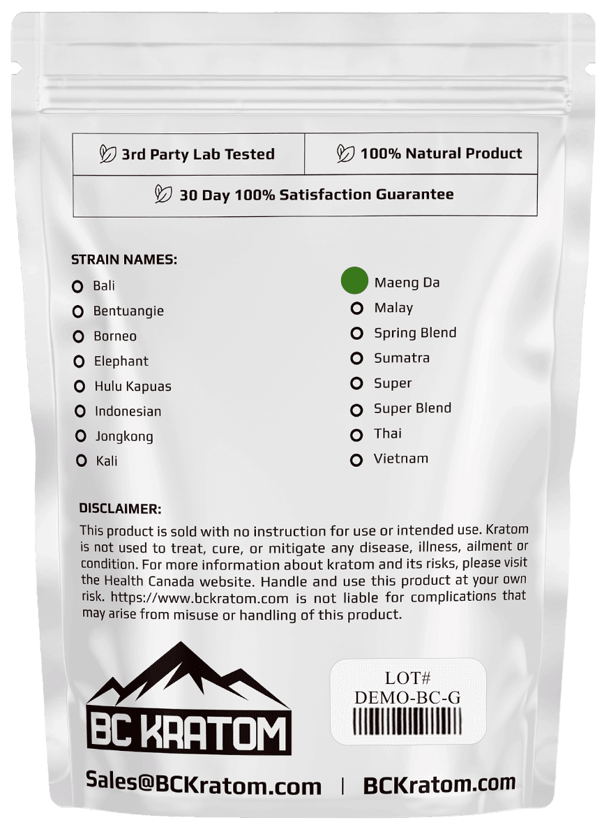 Rear view of a BC Kratom bag showing the strain names list with the strain marked, and the LOT number label at the bottom right.